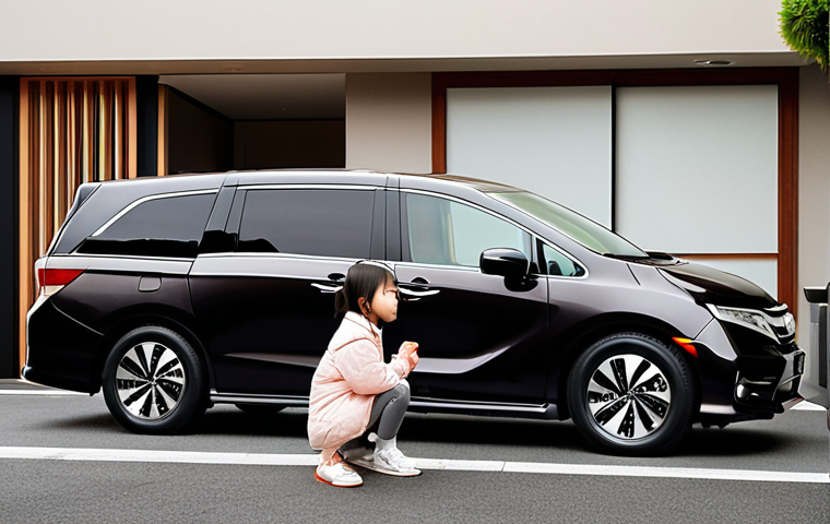 **

A sleek, modern Honda Odyssey minivan parked in front of a stylish urban home in Japan. The lighting is soft and warm, highlighting the car's refined design. Focus on the front grille and sharp headlights. Include a family of four (parents and two young children) happily getting into the car, suggesting a weekend trip. The overall impression should be one of sophistication and comfort.

**