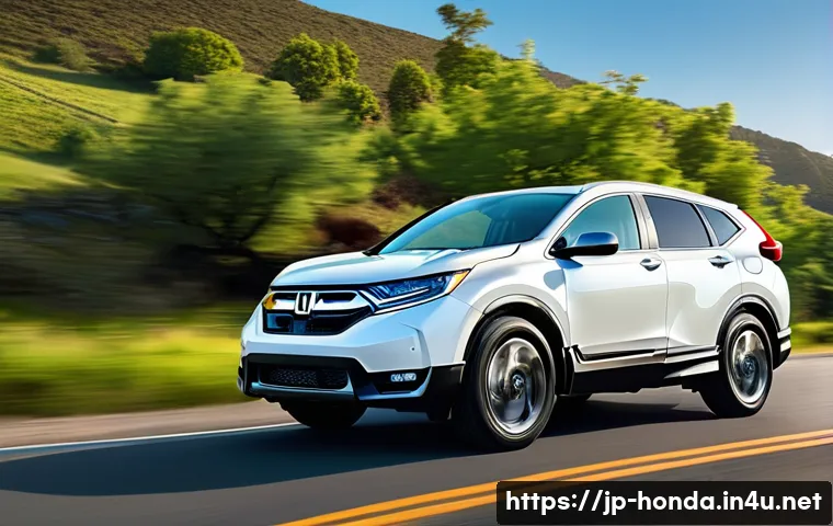 혼다 CR V의 유지보수 비용 - A serene, wide shot of a late-model Honda CR-V, either hybrid or gasoline, smoothly navigating a sce...