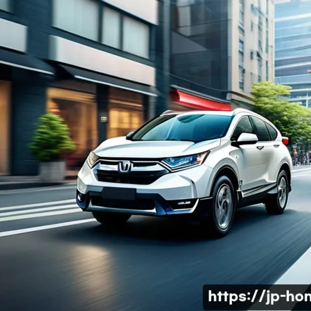 혼다 CR V 하이브리드의 최신 연비 리뷰 - A sleek Honda CR-V Hybrid driving smoothly through a bustling Japanese city street during daytime, s...