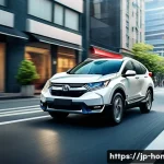혼다 CR V 하이브리드의 최신 연비 리뷰 - A sleek Honda CR-V Hybrid driving smoothly through a bustling Japanese city street during daytime, s...