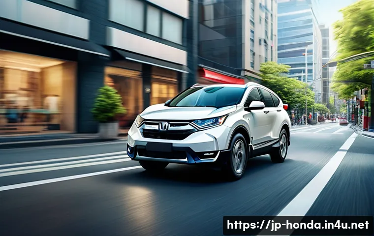 혼다 CR V 하이브리드의 최신 연비 리뷰 - A sleek Honda CR-V Hybrid driving smoothly through a bustling Japanese city street during daytime, s...
