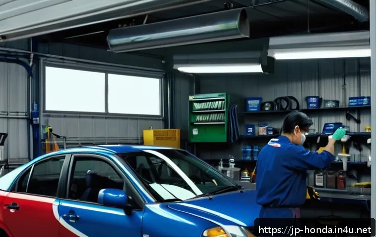혼다 시빅의 유지보수 비용 - A detailed, realistic scene of a Japanese Honda Civic undergoing routine maintenance in a clean, wel...