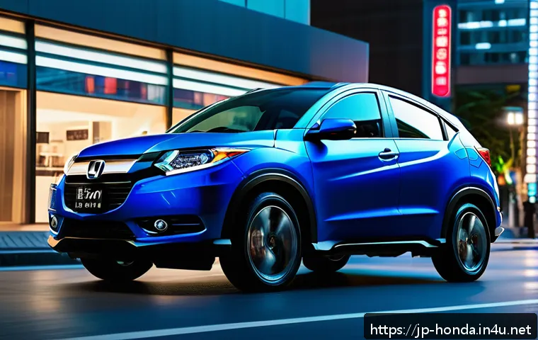 혼다 HR V와 쉐보레 트레일블레이저 비교 - A sleek and sophisticated urban scene featuring a Honda HR-V parked on a bustling Tokyo street at du...
