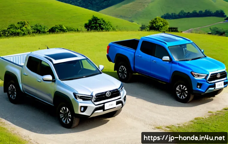 혼다 리지라인과 포드 레인저 비교 - Photorealistic side-by-side comparison of two unbranded midsize pickup trucks parked on a clean rura...