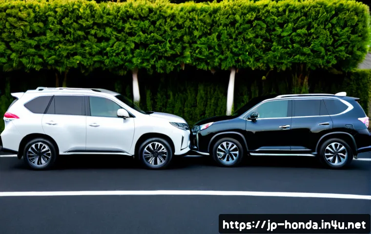 혼다 파일럿 하이브리드와 도요타 라브4 비교 - Photorealistic side-by-side comparison of an unbranded large three-row hybrid SUV and an unbranded c...